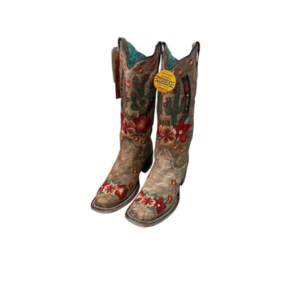 Corral Women's Cactus Floral Embroidery Overlay Western Leather Boots 9.5M New - Picture 1 of 12